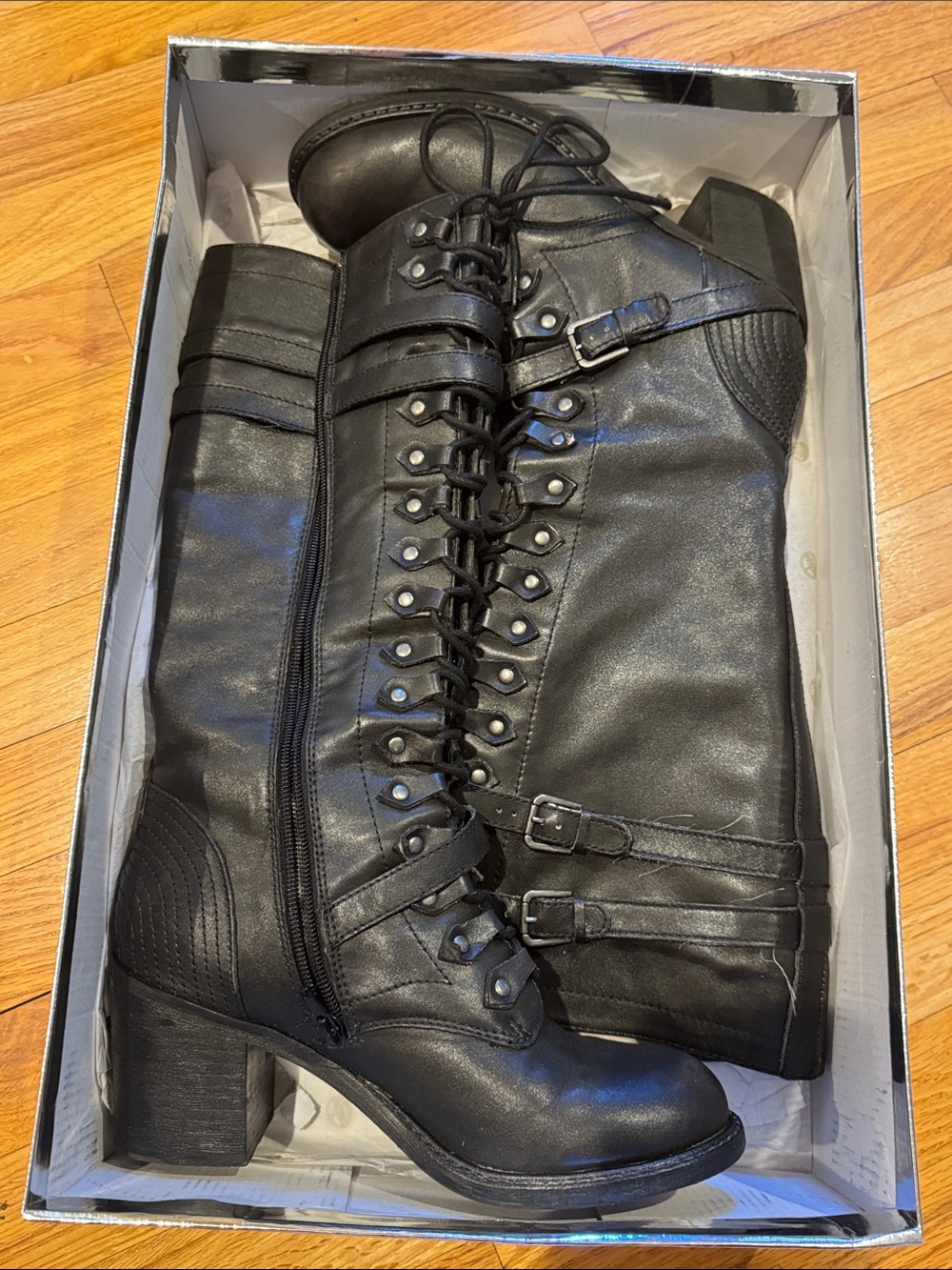Zigi Girl Vindicate Knee High Combat Boots Black Leather Lace Up Buckle Sz 9